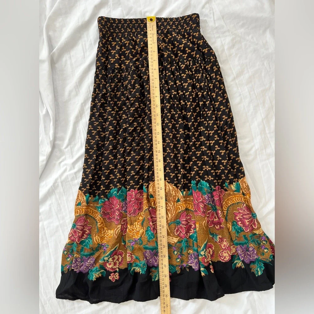 Carole Little Black Midi Skirt with Gold, Pink and Teal Floral Border
